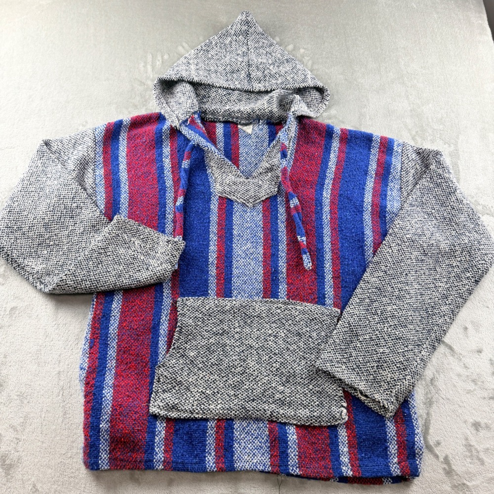 Mexport Mexico Baja Medium Hoodie Pullover Blue Red Striped Woven Baja Joe Style
